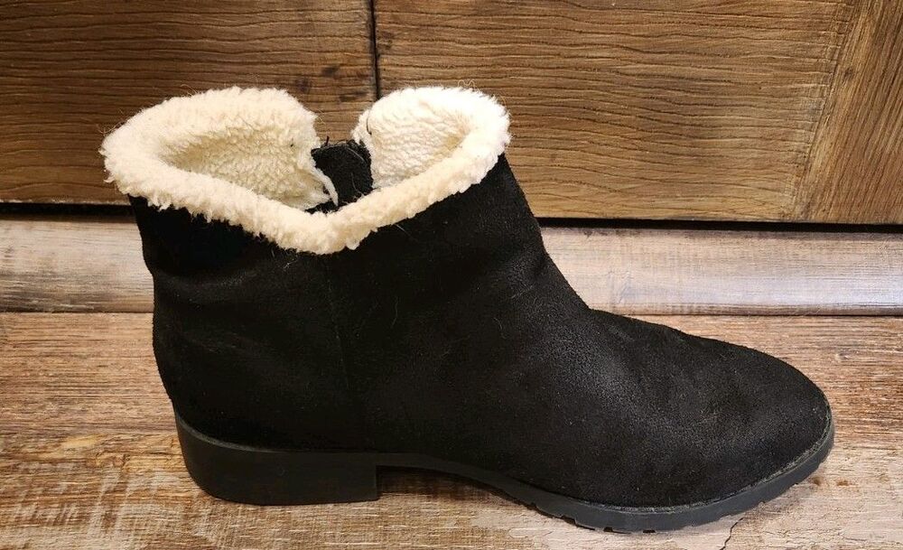 Ladies 7 a.n.a. Women's Zip Up Faux Suede Black Ankle Boots, With Faux Fur Cuff - Picture 8 of 11